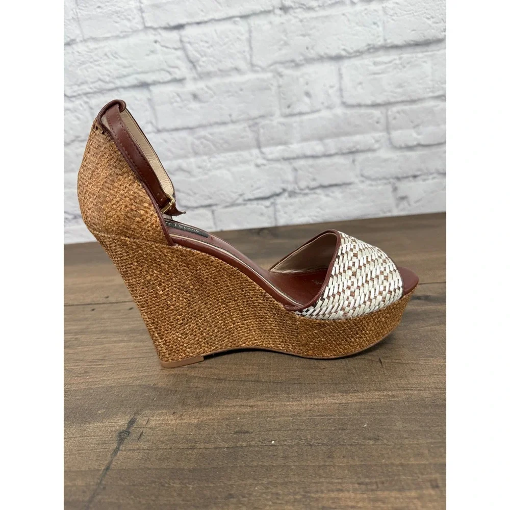 White House Black Market Raffia Wedge Heels Womens 7.5 Brown White Sandals Boho